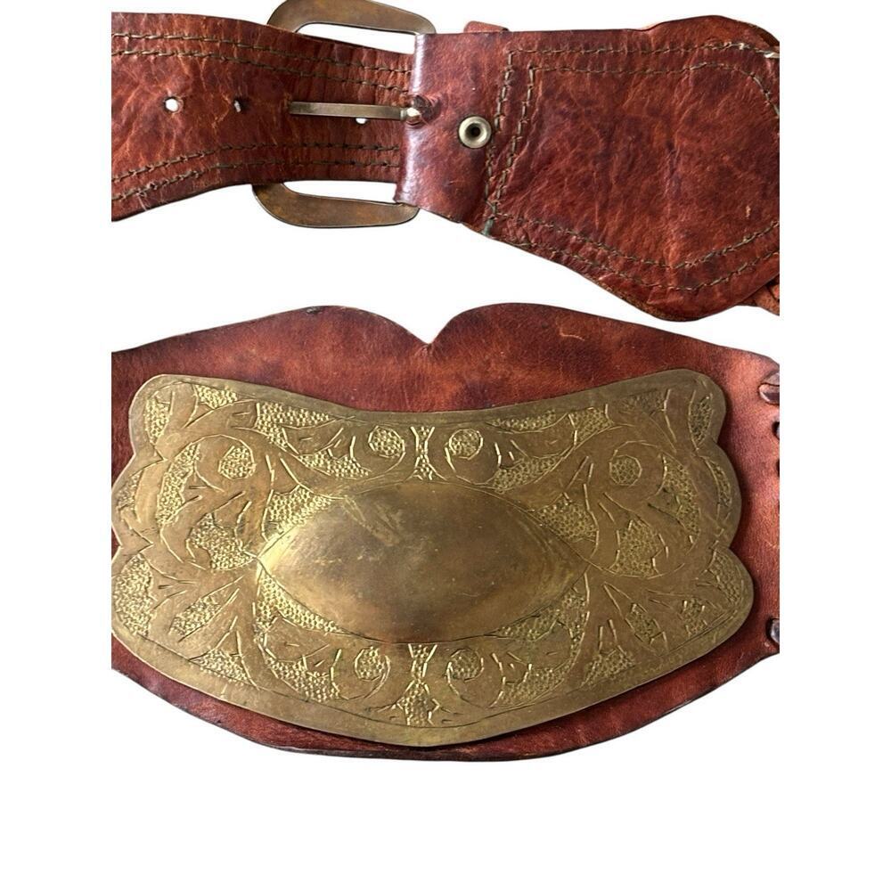 Moroccan Style Vintage Unisex Leather Medallion Vintage Brass Etched Plated Belt - Picture 8 of 8